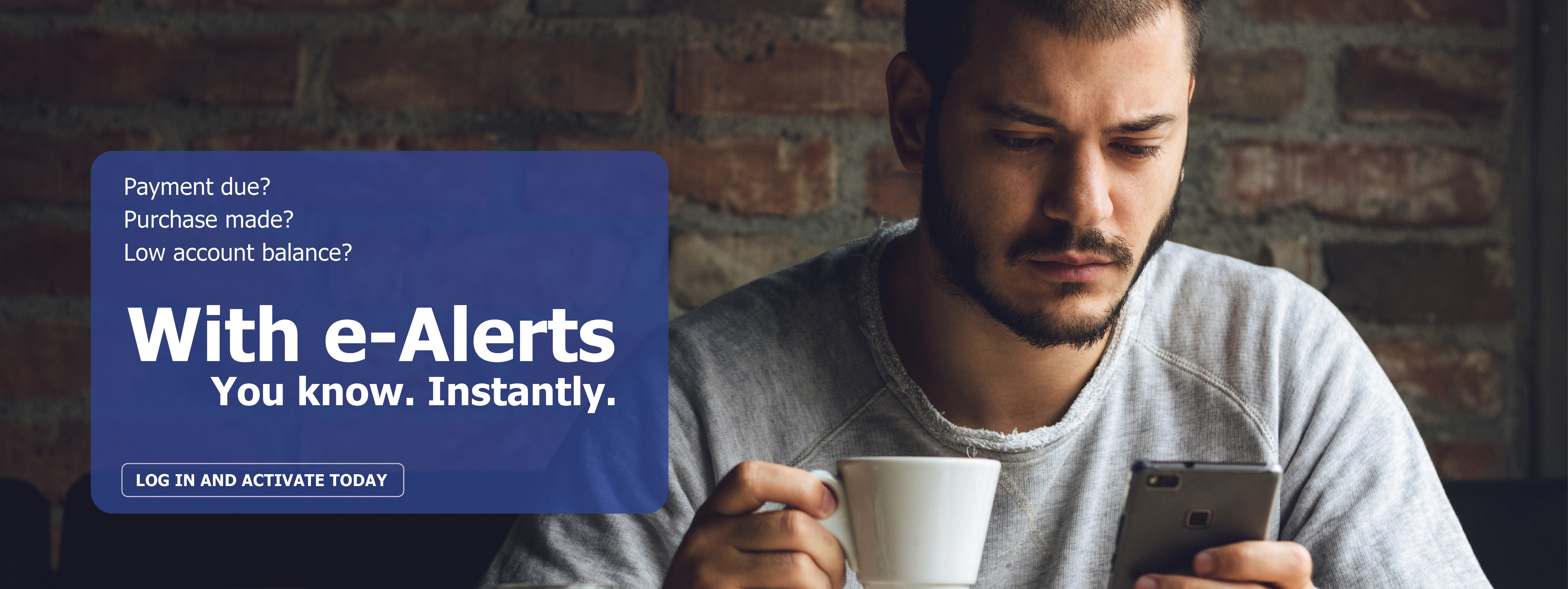 Payment made? Purchase made: Low account balance? With e-Alerts. You know. Instantly. Log in and activate today.